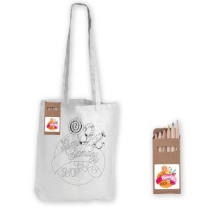 White Long Handle Cotton Bag with Colouring Pencils-0